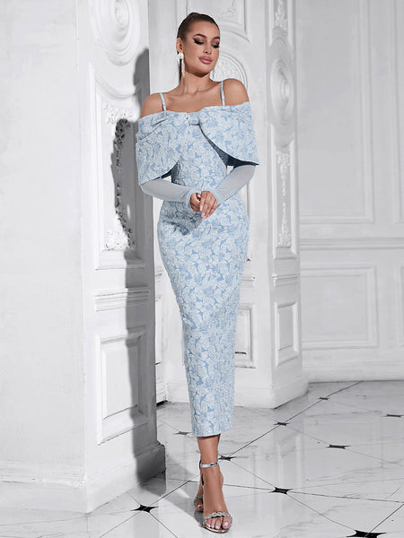 Elegant Mesh-Back Jacquard Midi Bodycon Dress with Strappy Long Sleeves HB10213