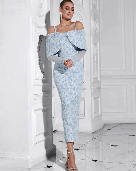 Elegant Mesh-Back Jacquard Midi Bodycon Dress with Strappy Long Sleeves HB10213