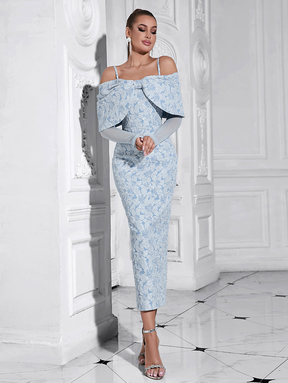 Wilhelmina Delacroix — Elegant Mesh-Back Jacquard Midi Bodycon Dress with Strappy Long Sleeves HB10213, alternate view 2