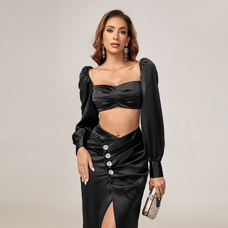 Two-Piece Satin Set with Square Collar Backless Design Draped and Elegant Slit