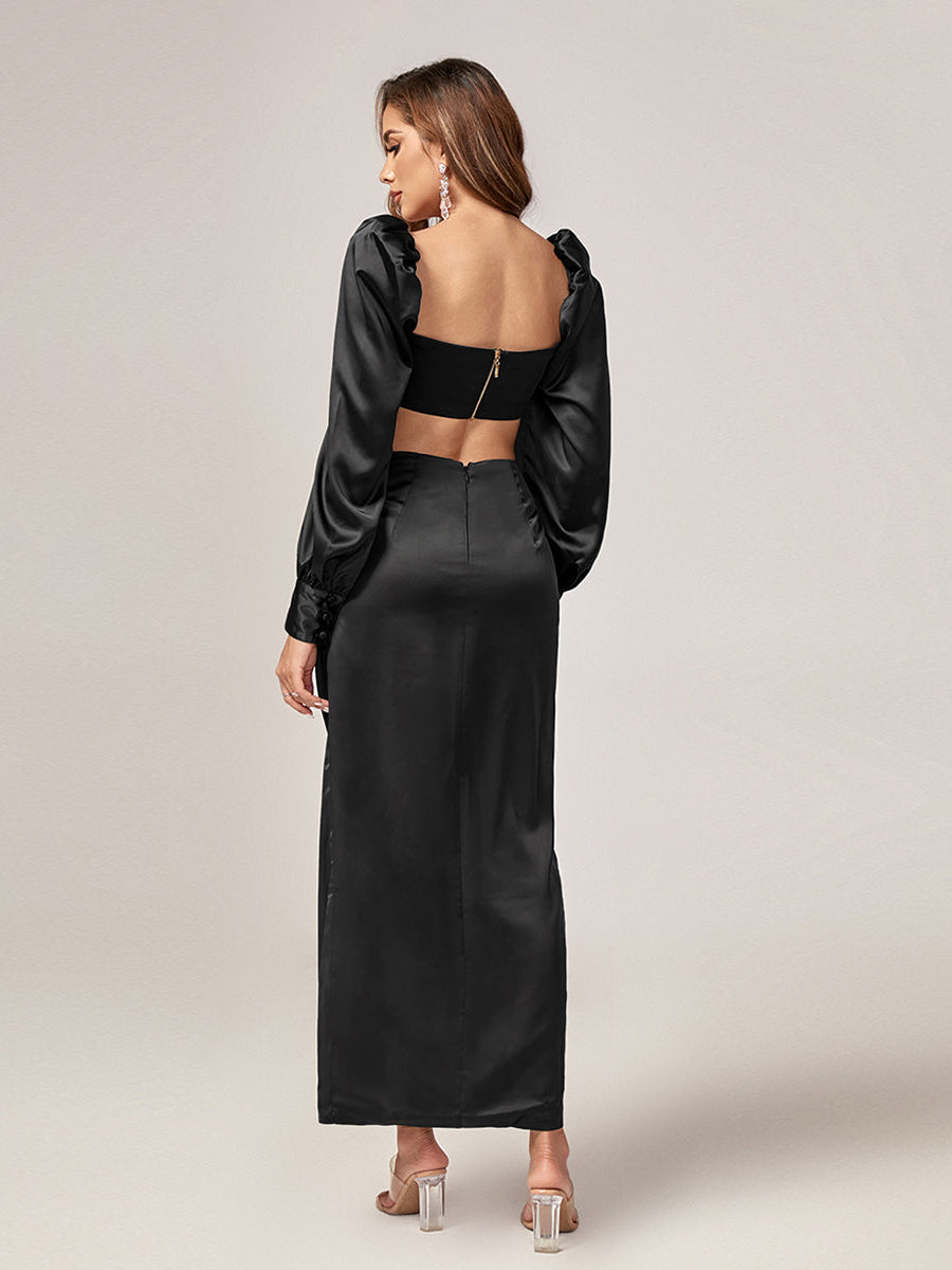 Two-Piece Satin Set with Square Collar Backless Design Draped and Elegant Slit