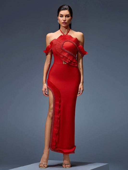 Backless bandage dress with halter and draped for an elegant look