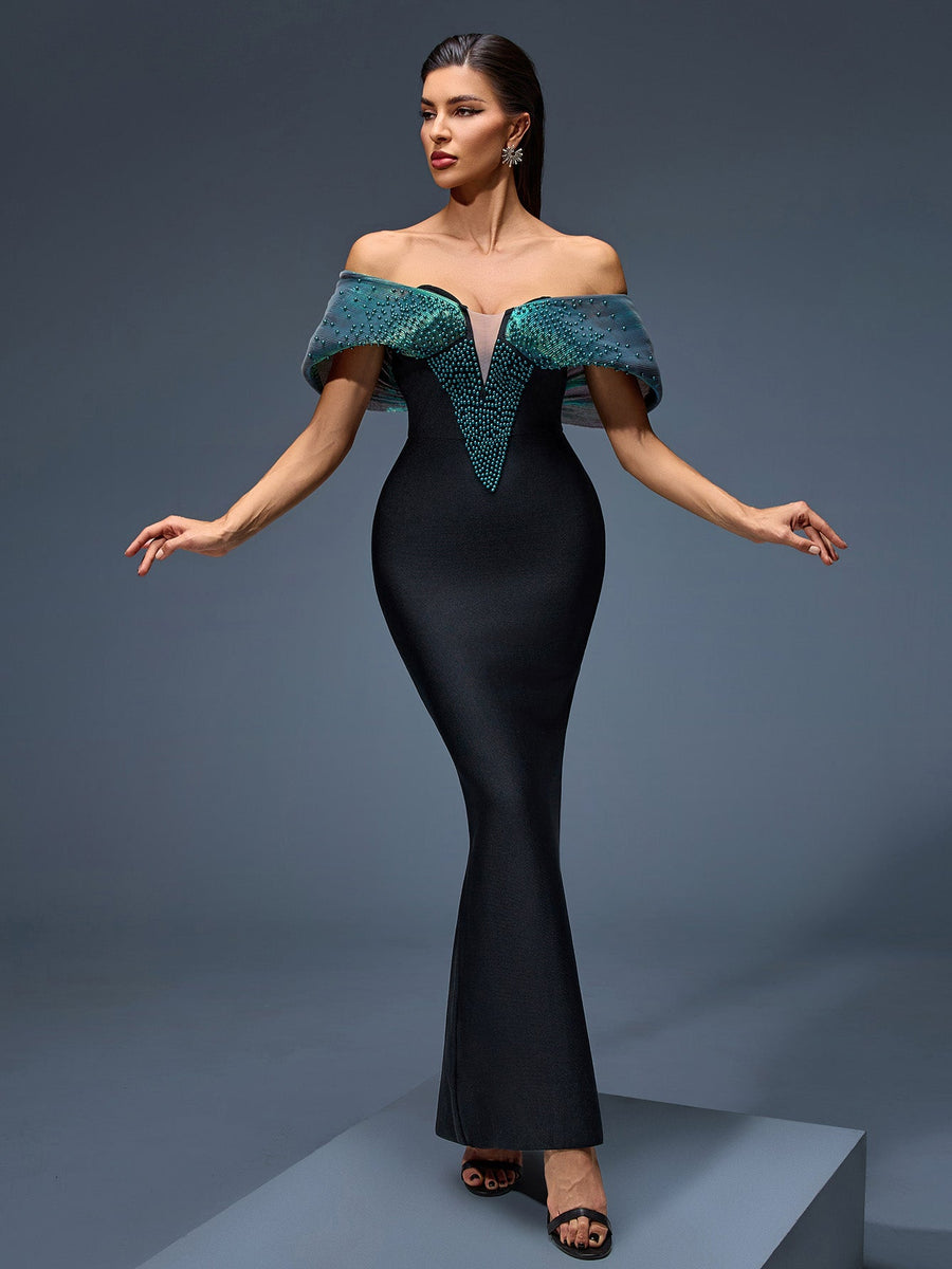 Elegant Off-Shoulder Beaded Bandage Maxi Dress for Special Occasions