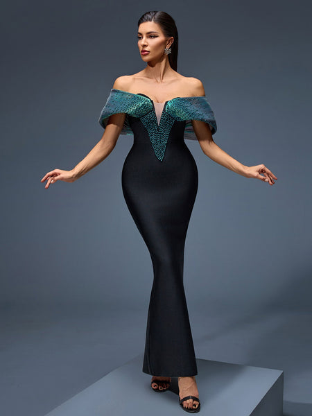Elegant Off-Shoulder Beaded Bandage Maxi Dress for Special Occasions