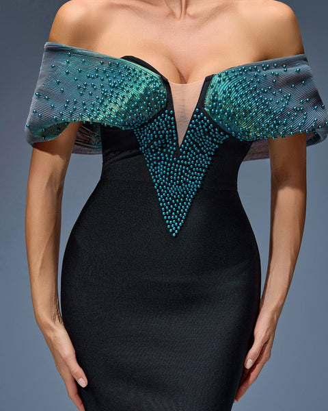 Elegant Off-Shoulder Beaded Bandage Maxi Dress for Special Occasions