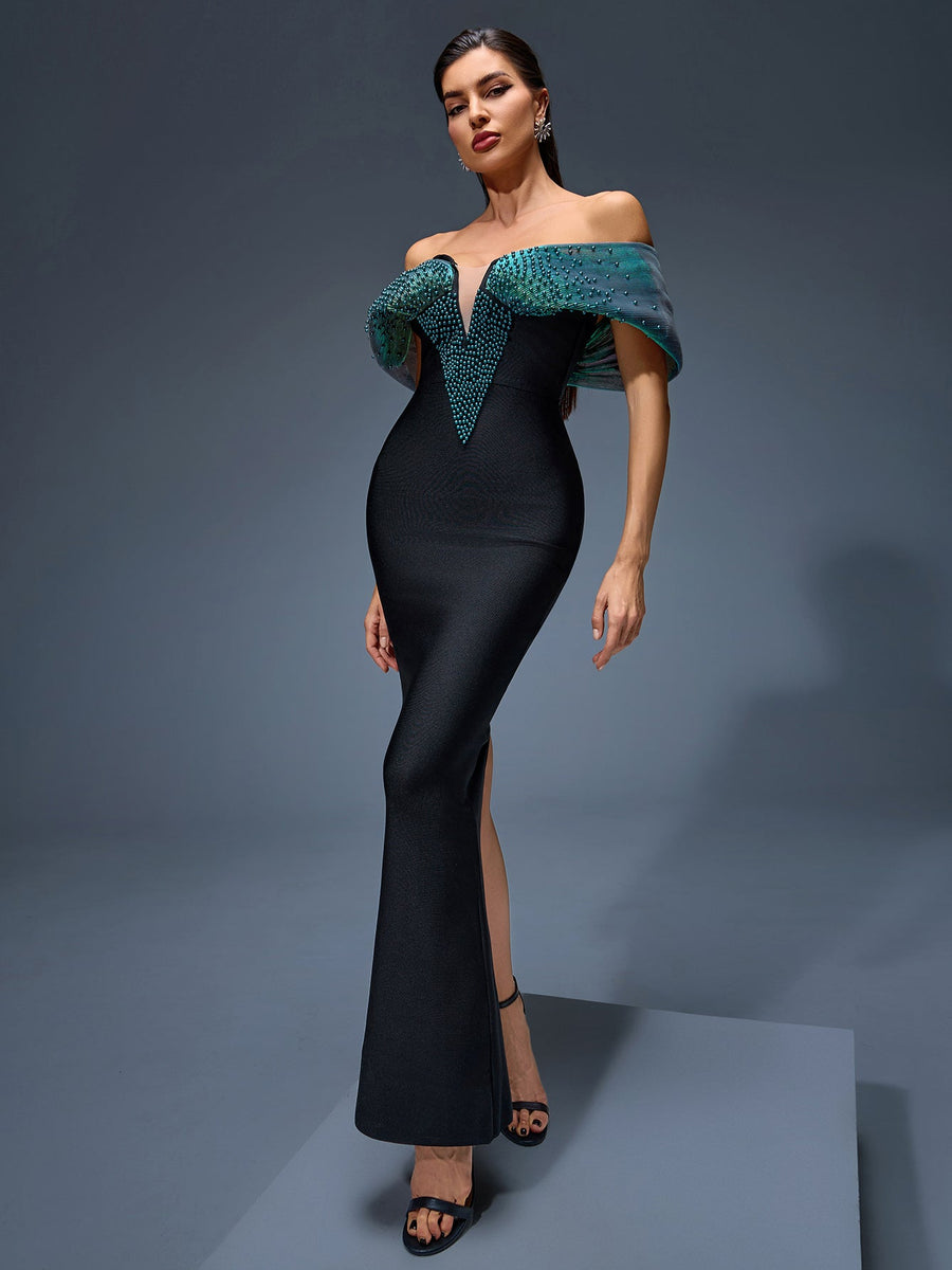 Elegant Off-Shoulder Beaded Bandage Maxi Dress for Special Occasions