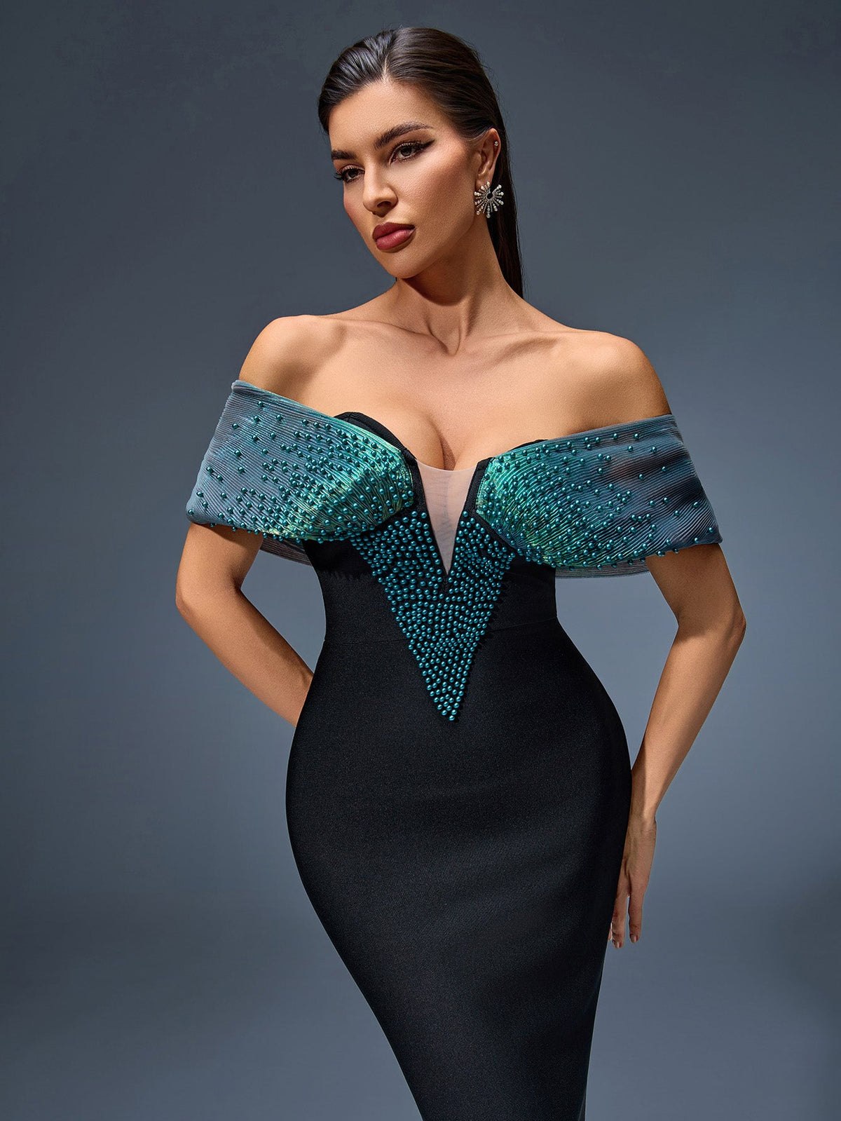 Mireille Montclair — Elegant Off-Shoulder Beaded Bandage Maxi Dress for Special Occasions, alternate view 5