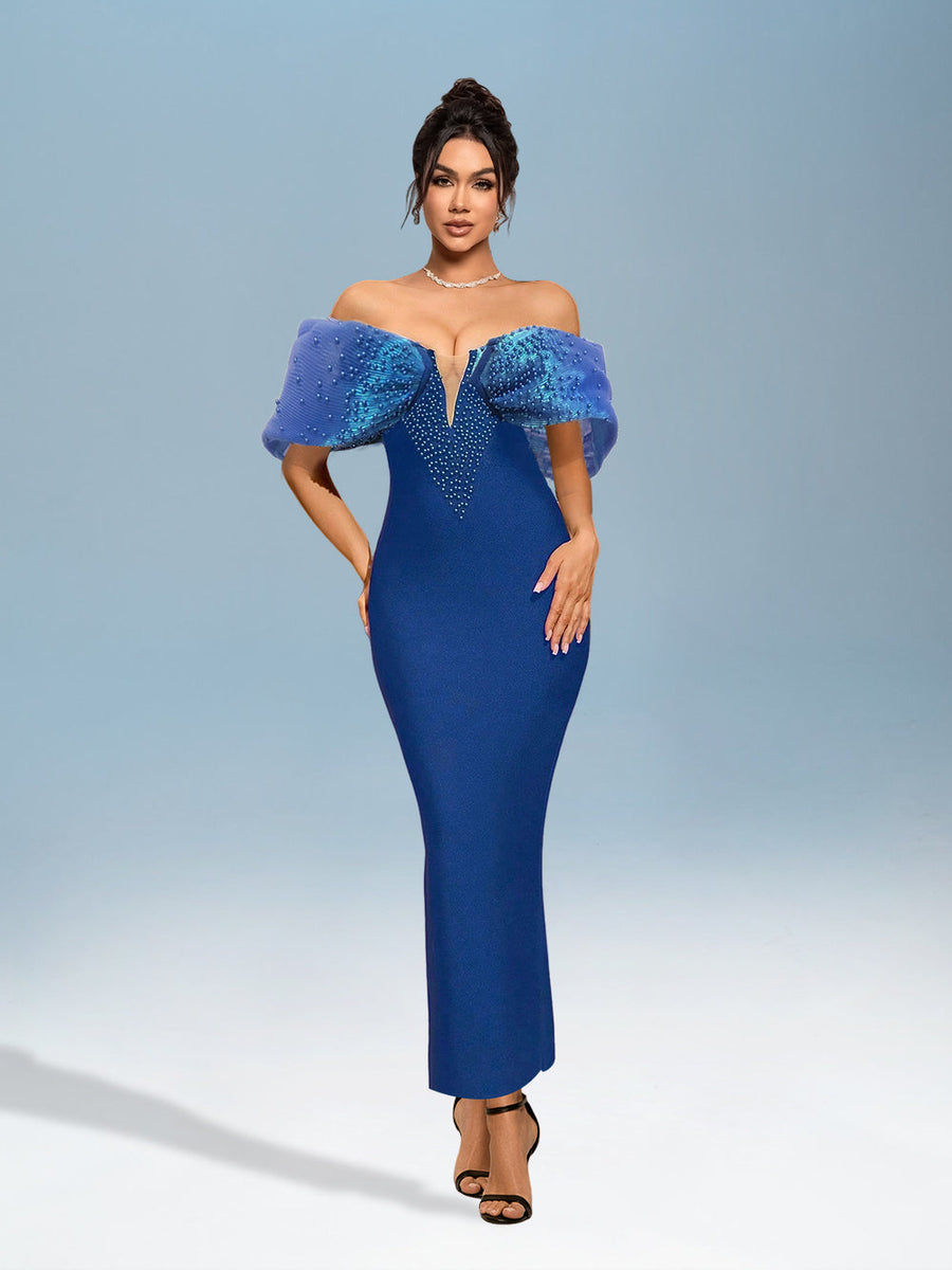 Beaded bandage dress with plunging neckline