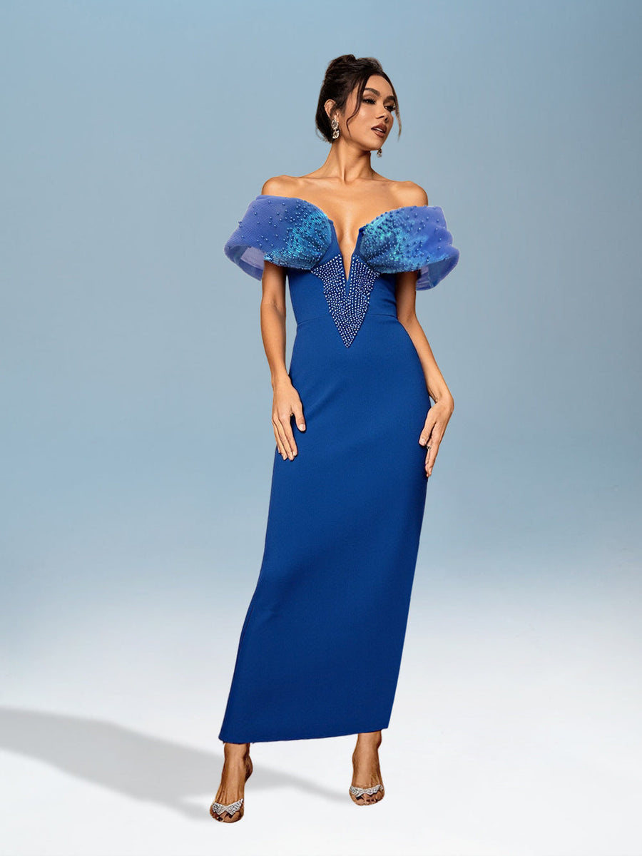 Beaded bandage dress with plunging neckline