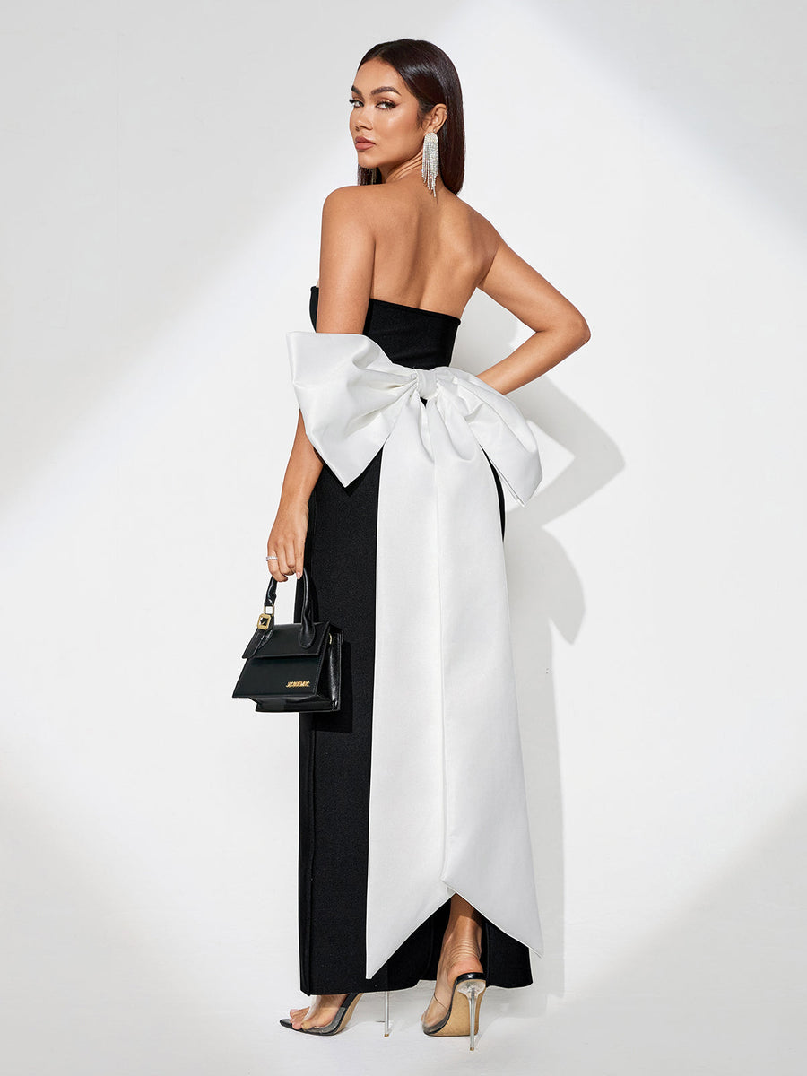 Elegant Contrast Color Bowknot Maxi Bandage Dress for a Stunning Look