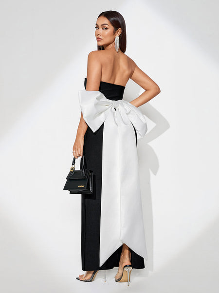 Elegant Contrast Color Bowknot Maxi Bandage Dress for a Stunning Look