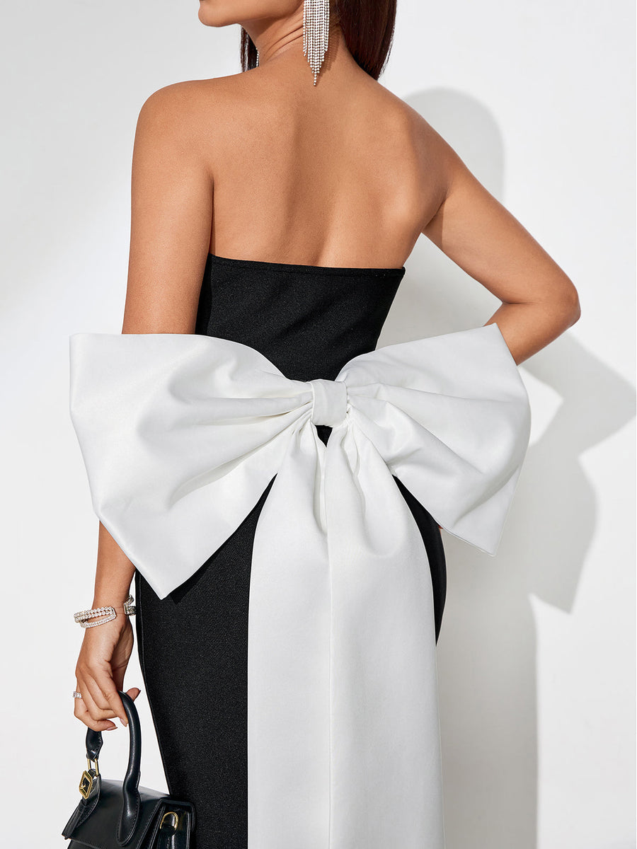 Elegant Contrast Color Bowknot Maxi Bandage Dress for a Stunning Look