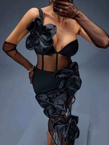 Knitted Dress with Paulownia and Knot on One Shoulder with Floral Pattern