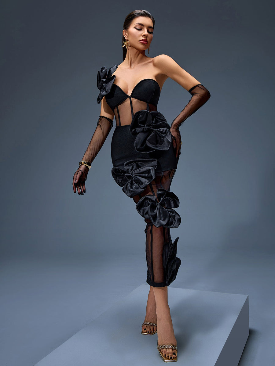 Knitted Dress with Paulownia and Knot on One Shoulder with Floral Pattern