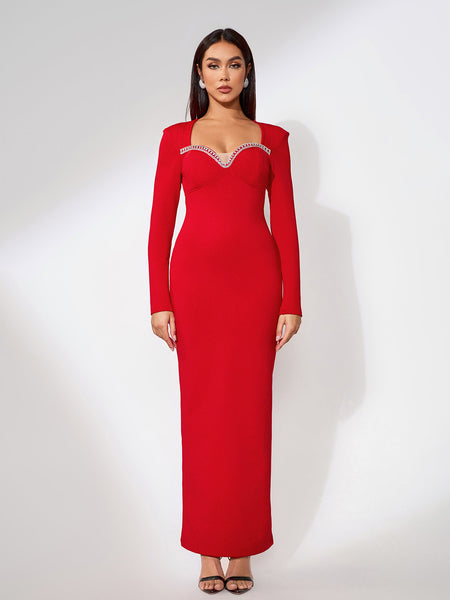 Elegant long dress with rhinestone stripes for a glamorous and sophisticated look