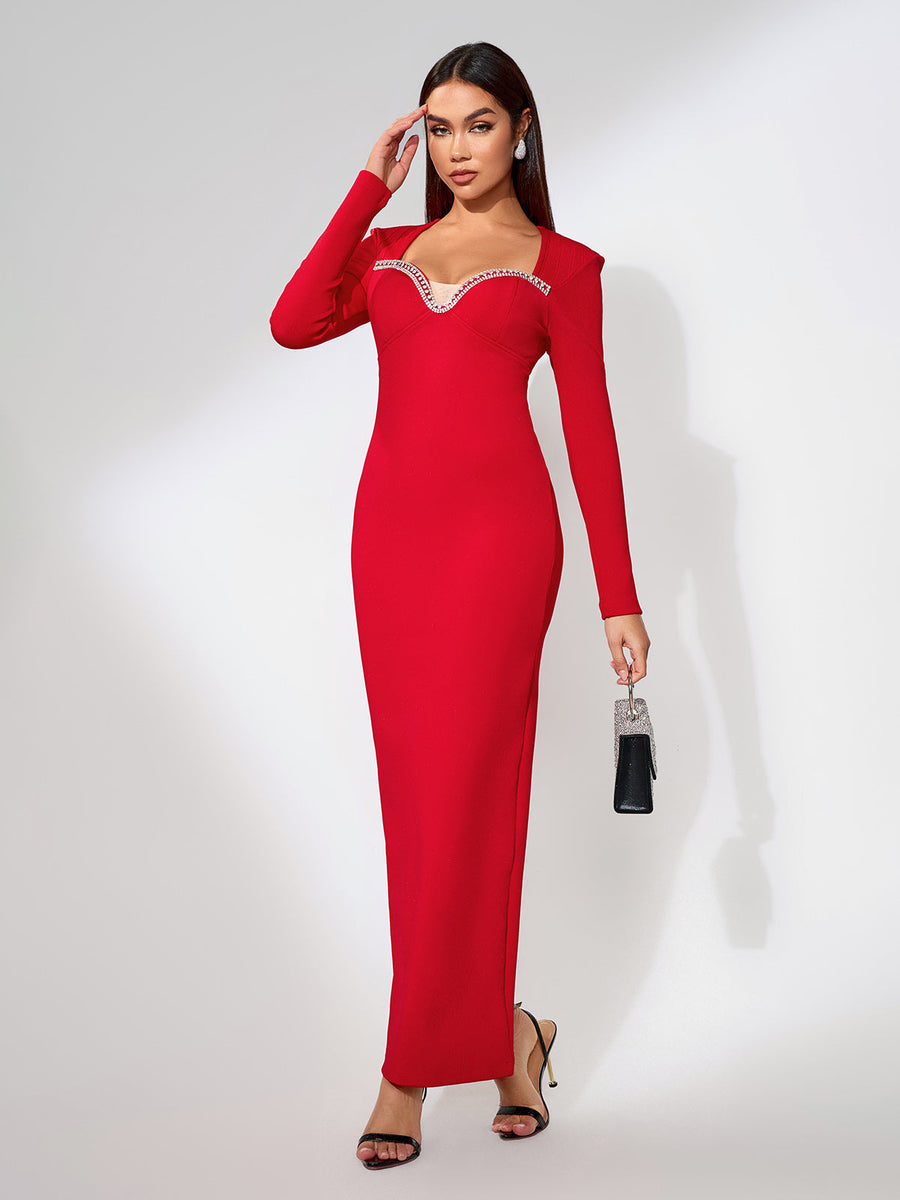 Elegant long dress with rhinestone stripes for a glamorous and sophisticated look