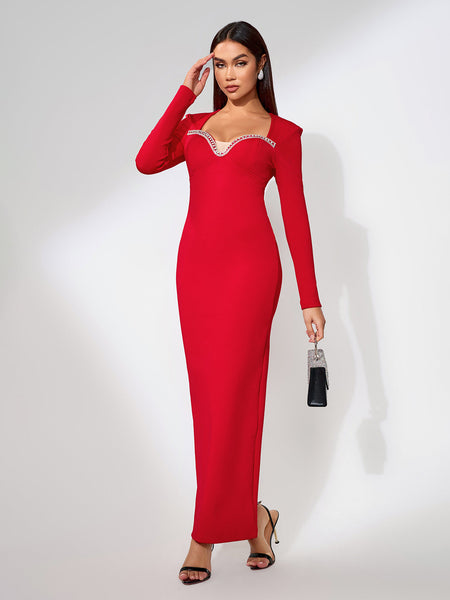 Elegant long dress with rhinestone stripes for a glamorous and sophisticated look