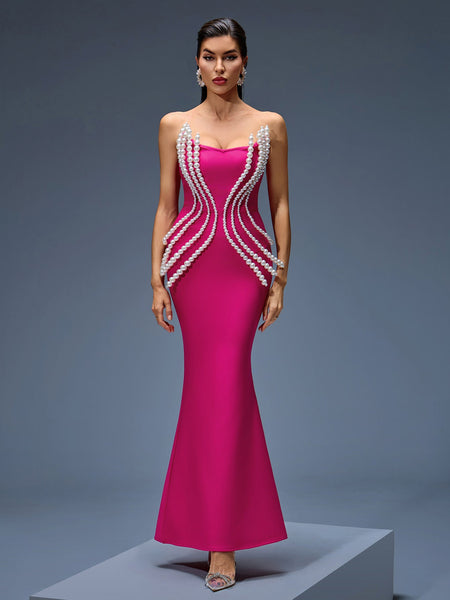 Elegant Pearl-Accented Bandage Maxi Dress for a Stunning Look