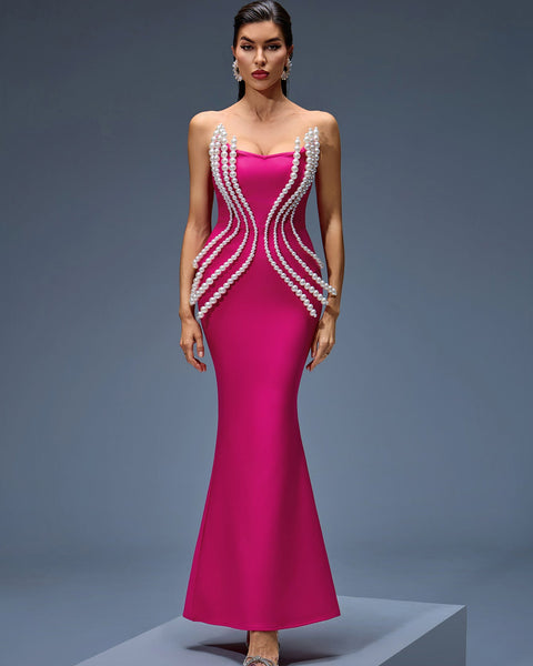 Elegant Pearl-Accented Bandage Maxi Dress for a Stunning Look