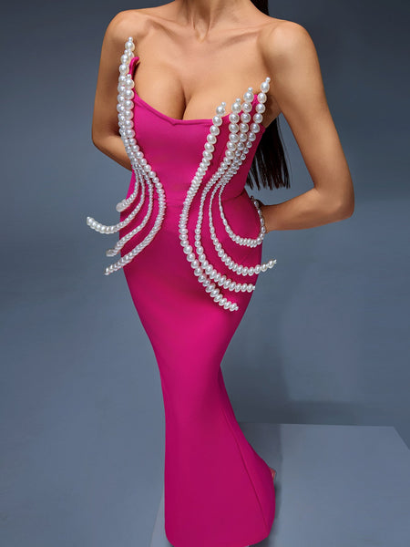 Elegant Pearl-Accented Bandage Maxi Dress for a Stunning Look