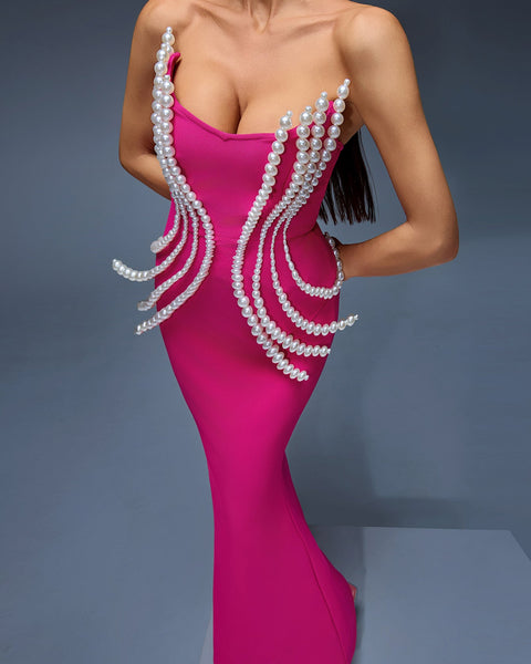 Elegant Pearl-Accented Bandage Maxi Dress for a Stunning Look