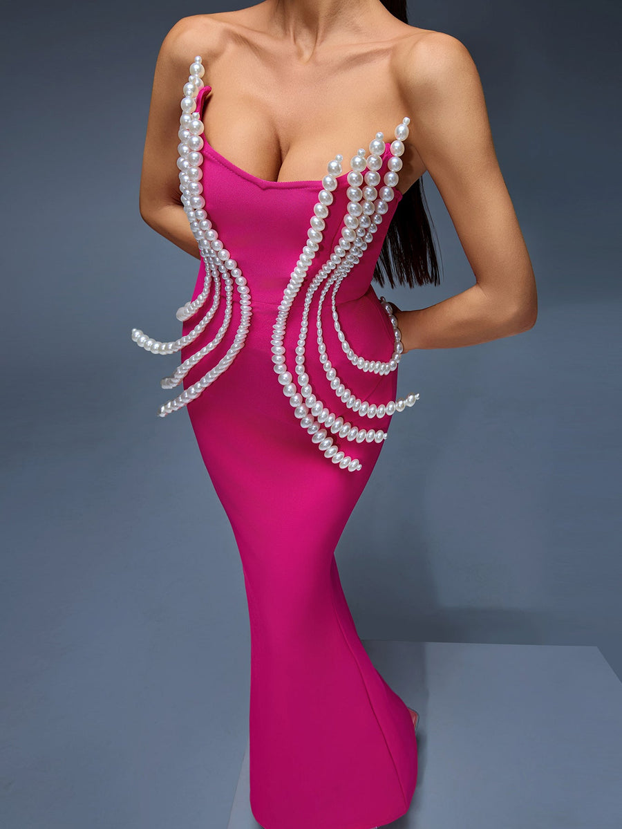 Octavia Montclair — Elegant Pearl-Accented Bandage Maxi Dress, alternate view 2