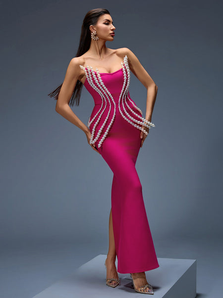 Elegant Pearl-Accented Bandage Maxi Dress for a Stunning Look