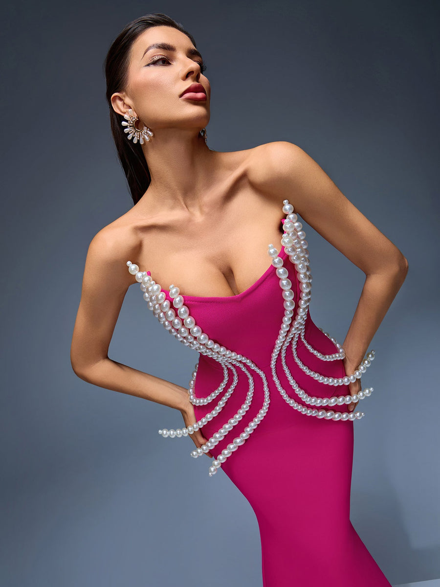 Elegant Pearl-Accented Bandage Maxi Dress for a Stunning Look