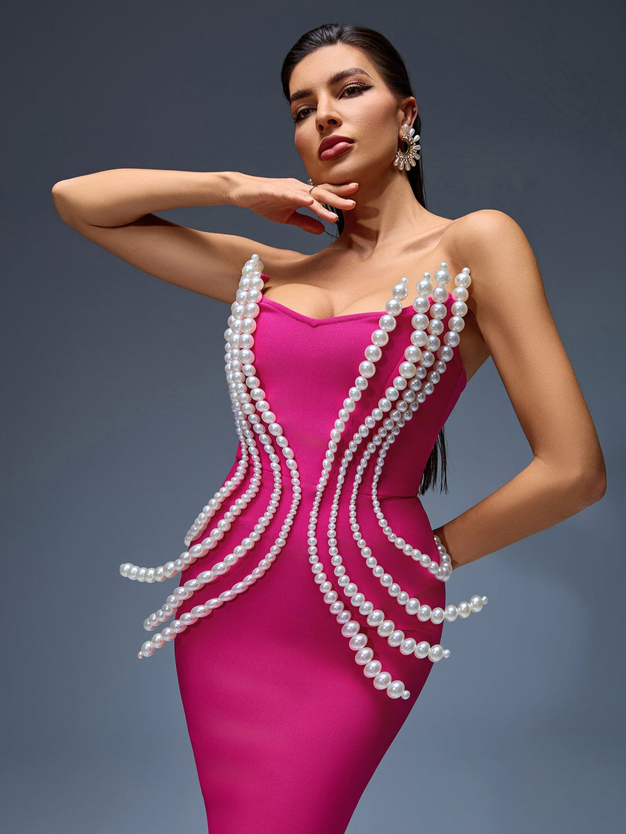 Elegant Pearl-Accented Bandage Maxi Dress for a Stunning Look
