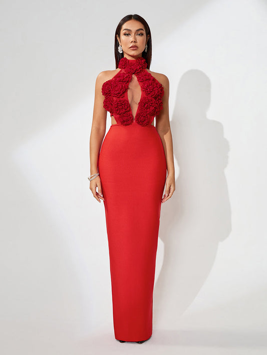 3D Floral Maxi Dress in Breathable Lace for an Elegant Style