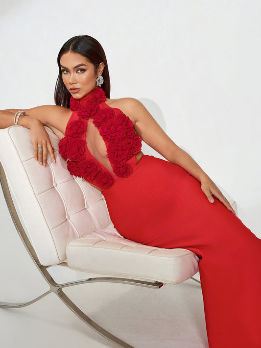 3D Floral Maxi Dress in Breathable Lace for an Elegant Style