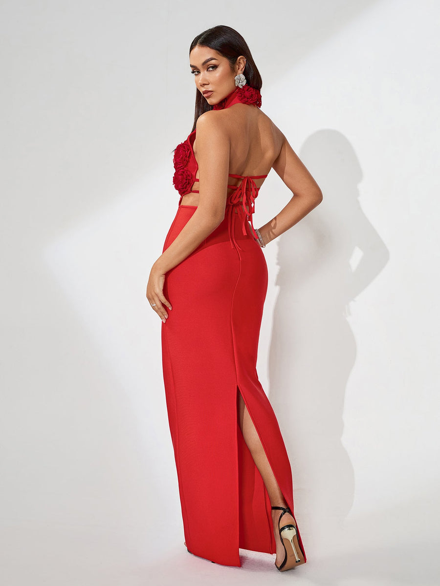 3D Floral Maxi Dress in Breathable Lace for an Elegant Style