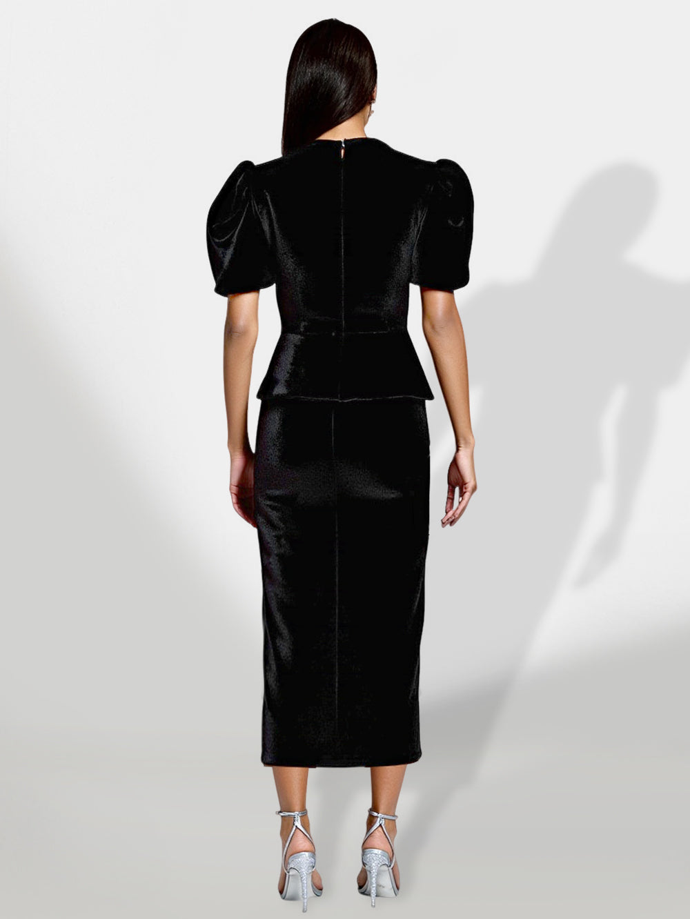 Lucienne Delacroix — Midi Velvet Set with Sparkling Rhinestone Bow Tie Black Midi Dress, alternate view 3