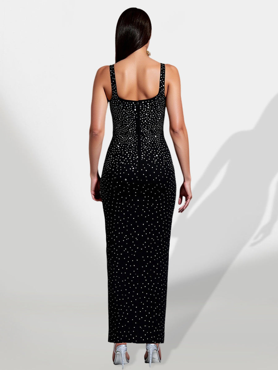 Elegant Maxi Dress with Rhinestone Details and Slit for a Glamorous Look