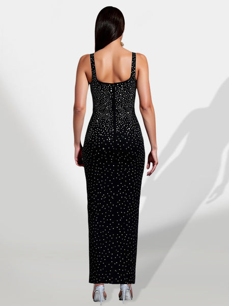 Elegant Maxi Dress with Rhinestone Details and Slit for a Glamorous Look