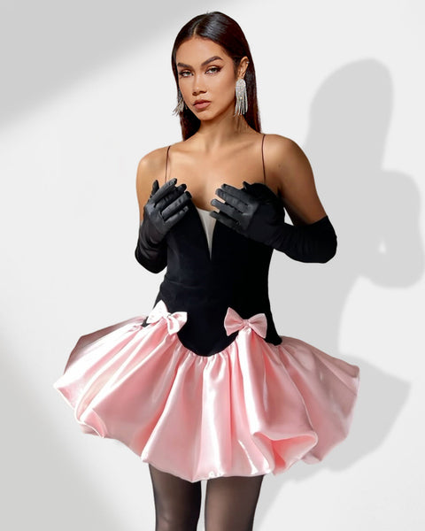 Elegant dress with bow knot headband, puffed design, and patchwork detail