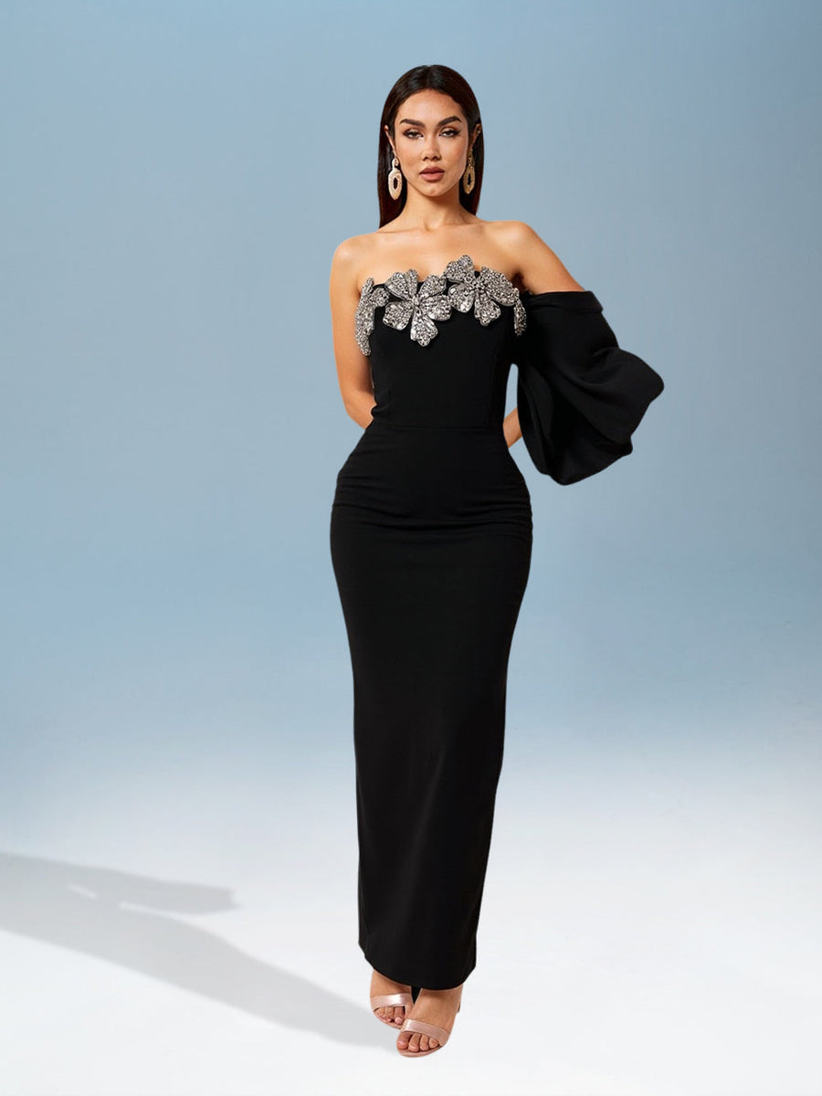 Asymmetrical Flower and Beaded Wrap Dress