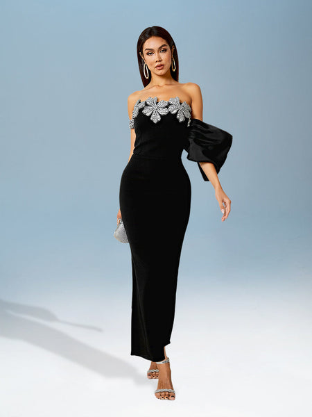 Asymmetrical Flower and Beaded Wrap Dress