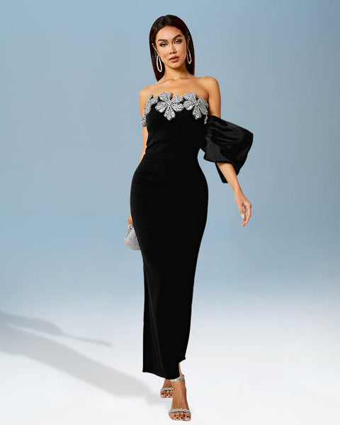 Asymmetrical Flower and Beaded Wrap Dress