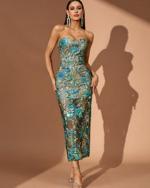 Teal-Multi Dahlia Floral Sequins Dress