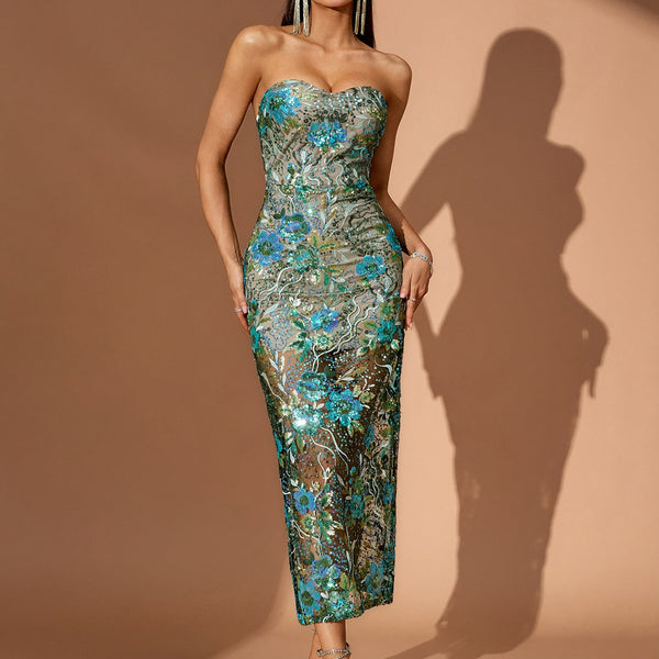 Teal-Multi Dahlia Floral Sequins Dress