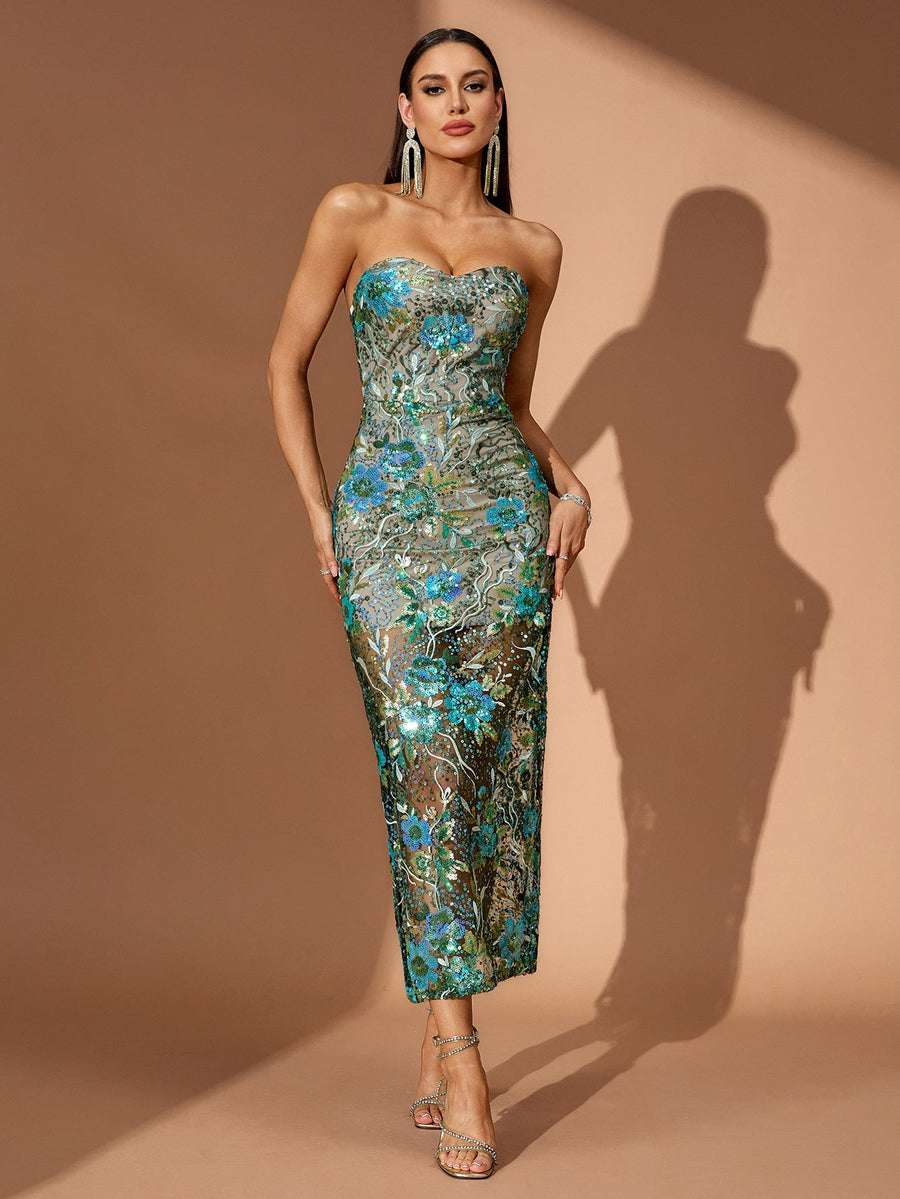 Rosalind Fontaine — Teal-Multi Dahlia Floral Sequins Dress