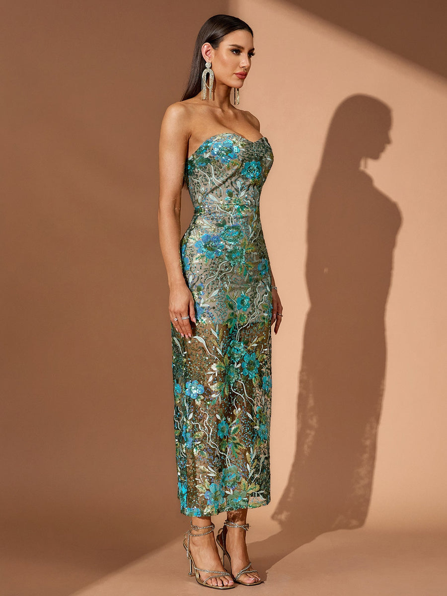 Teal-Multi Dahlia Floral Sequins Dress
