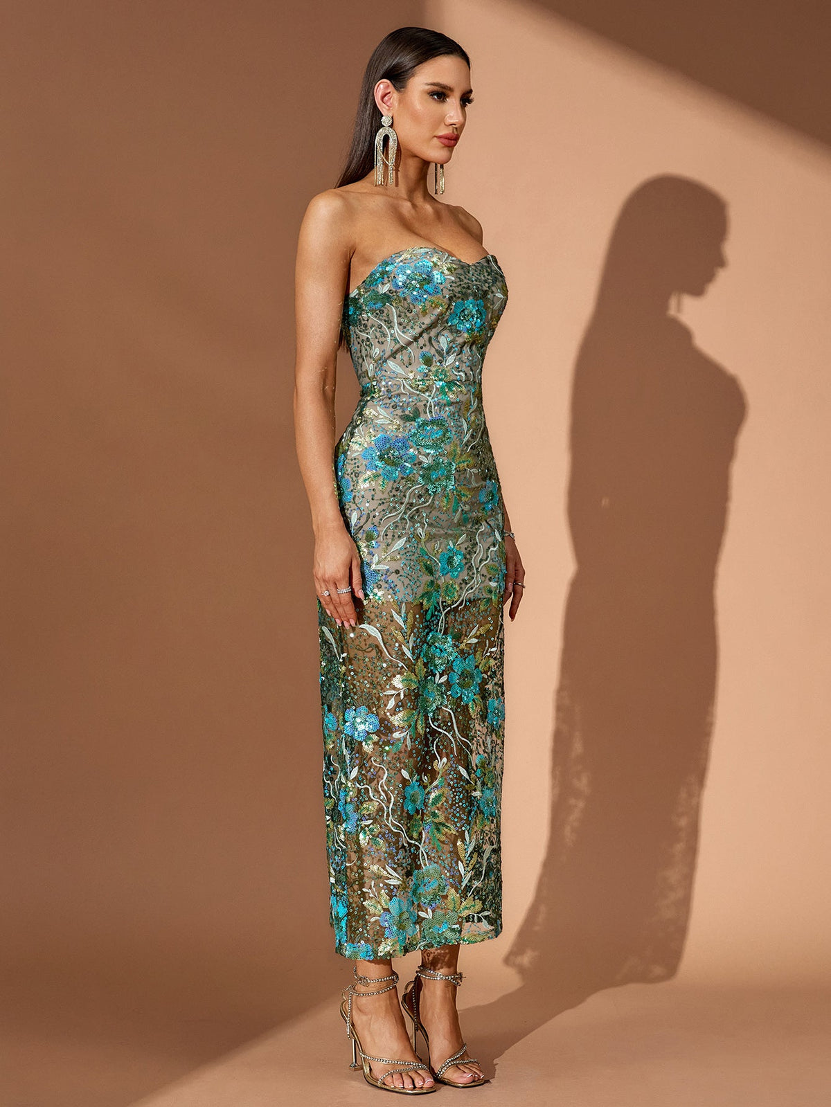 Rosalind Fontaine — Teal-Multi Dahlia Floral Sequins Dress, alternate view 3