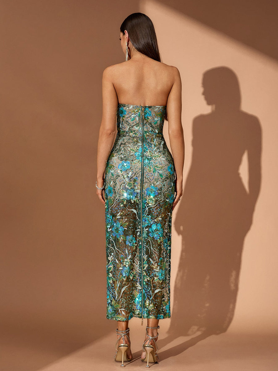 Teal-Multi Dahlia Floral Sequins Dress