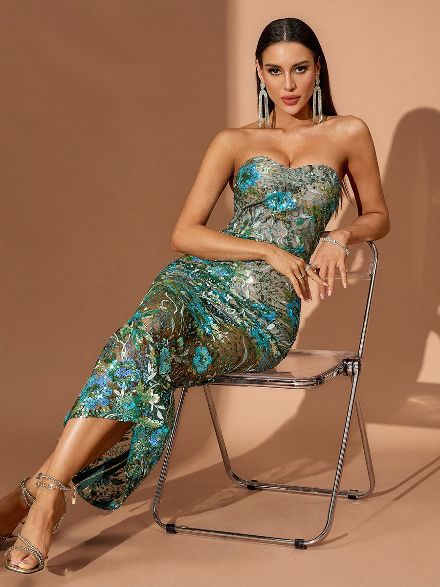 Teal-Multi Dahlia Floral Sequins Dress