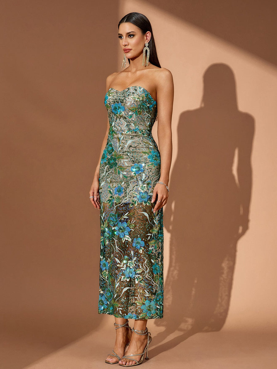 Teal-Multi Dahlia Floral Sequins Dress