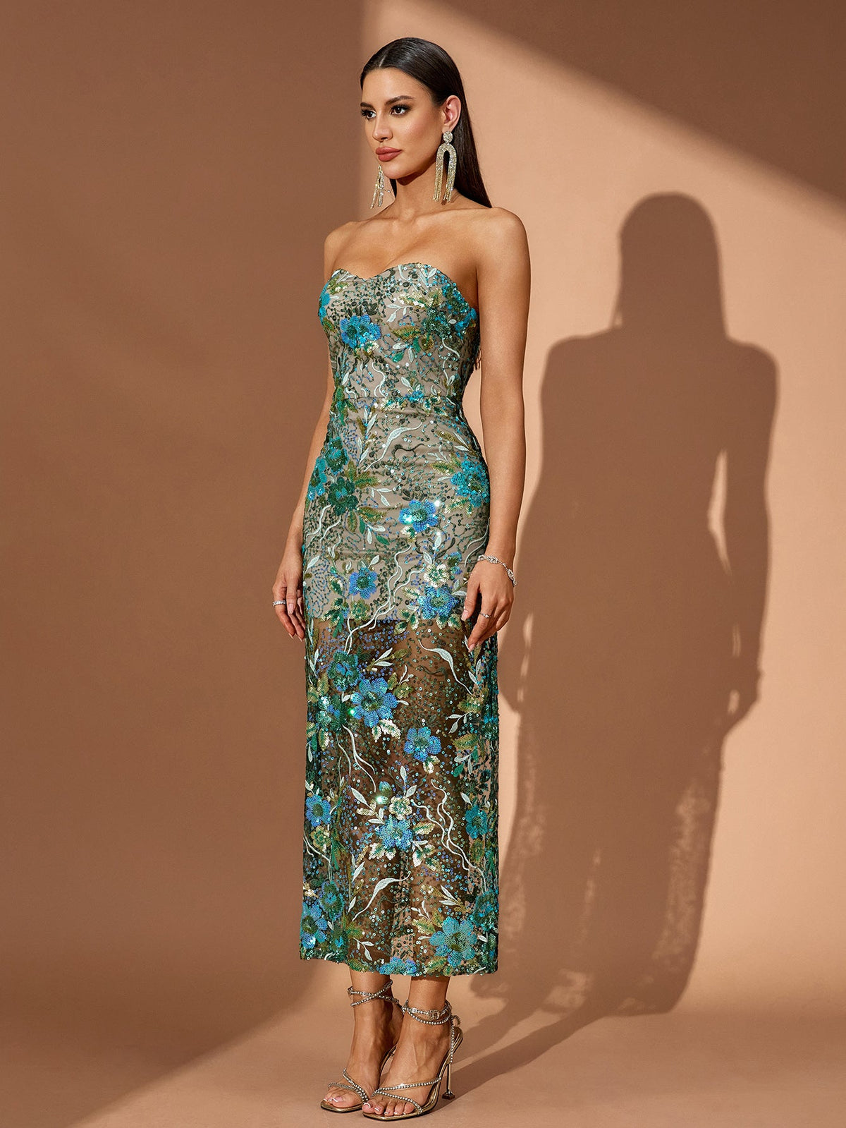 Rosalind Fontaine — Teal-Multi Dahlia Floral Sequins Dress, alternate view 6