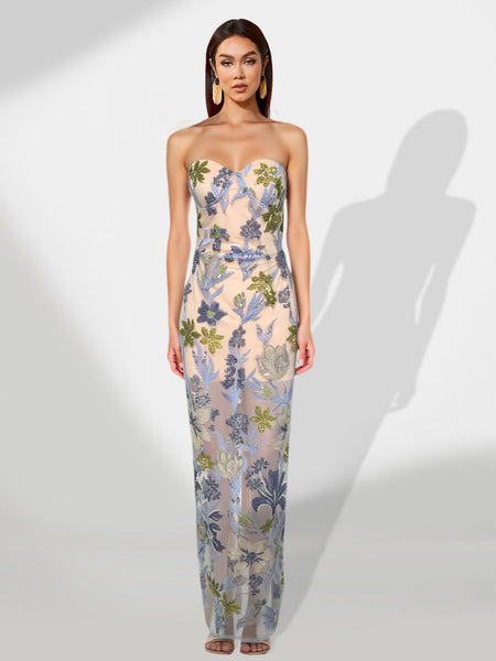 Long Maxi Dress with Floral Embroidery and Sparkling Sequins