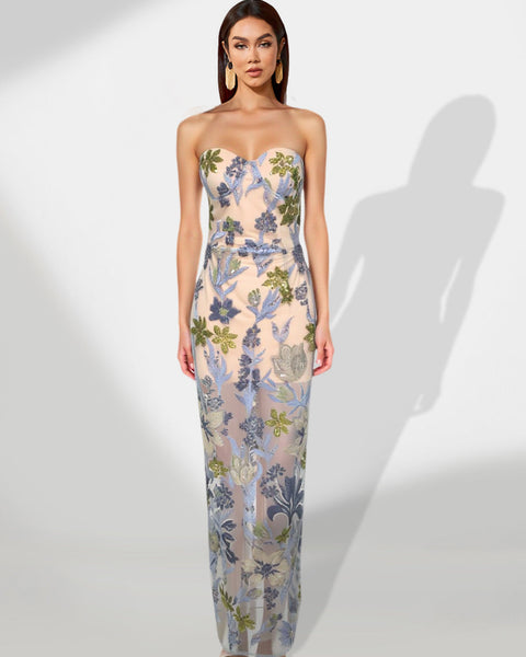 Long Maxi Dress with Floral Embroidery and Sparkling Sequins